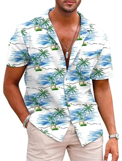 JMIERR Hawaiian Shirts for Men Casual Stylish Cotton Linen Button Up Beach Shirts Short Sleeve Resort Shirts with Pocket