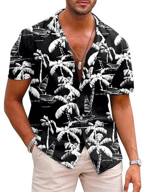 JMIERR Hawaiian Shirts for Men Casual Stylish Cotton Linen Button Up Beach Shirts Short Sleeve Resort Shirts with Pocket