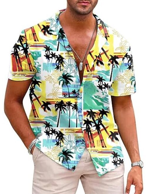 JMIERR Hawaiian Shirts for Men Casual Stylish Cotton Linen Button Up Beach Shirts Short Sleeve Resort Shirts with Pocket