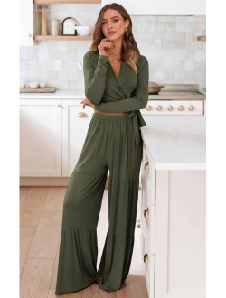 Women's 2 Piece Lounge Sets 2023 Long Sleeve Tie Front V Neck Crop Tops Wide Leg Pants Casual Outfits