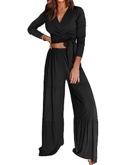 Women's 2 Piece Lounge Sets 2023 Long Sleeve Tie Front V Neck Crop Tops Wide Leg Pants Casual Outfits