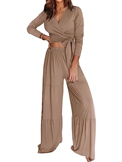 Women's 2 Piece Lounge Sets 2023 Long Sleeve Tie Front V Neck Crop Tops Wide Leg Pants Casual Outfits