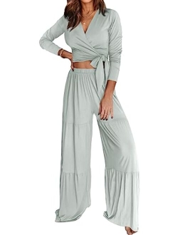 Women's 2 Piece Lounge Sets 2023 Long Sleeve Tie Front V Neck Crop Tops Wide Leg Pants Casual Outfits