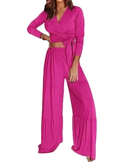 Women's 2 Piece Lounge Sets 2023 Long Sleeve Tie Front V Neck Crop Tops Wide Leg Pants Casual Outfits