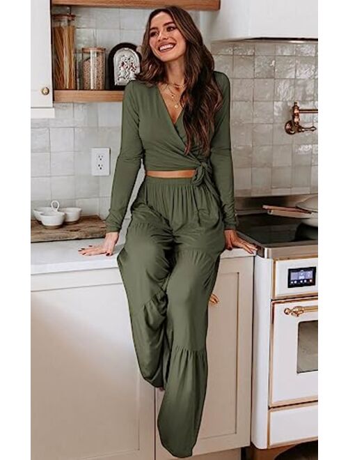 PRETTYGARDEN Women's 2 Piece Lounge Sets 2023 Long Sleeve Tie Front V Neck Crop Tops Wide Leg Pants Casual Outfits