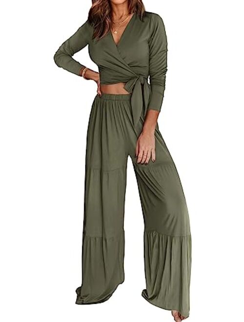 PRETTYGARDEN Women's 2 Piece Lounge Sets 2023 Long Sleeve Tie Front V Neck Crop Tops Wide Leg Pants Casual Outfits