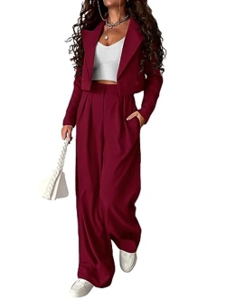 Women's 2 Piece Casual Outfits Cropped Blazer Jackets High Waisted Wide Leg Work Pants Suit Set