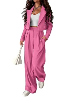 Women's 2 Piece Casual Outfits Cropped Blazer Jackets High Waisted Wide Leg Work Pants Suit Set