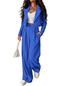 Women's 2 Piece Casual Outfits Cropped Blazer Jackets High Waisted Wide Leg Work Pants Suit Set