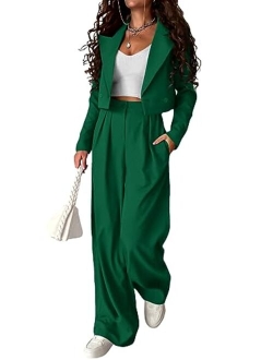 Women's 2 Piece Casual Outfits Cropped Blazer Jackets High Waisted Wide Leg Work Pants Suit Set