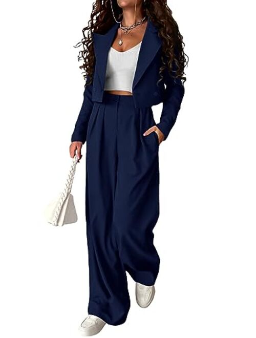 PRETTYGARDEN Women's 2 Piece Casual Outfits Cropped Blazer Jackets High Waisted Wide Leg Work Pants Suit Set