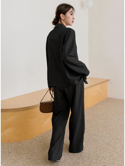 DAZY Lapel Neck Blazer & Fold Pleated Tailored Pants