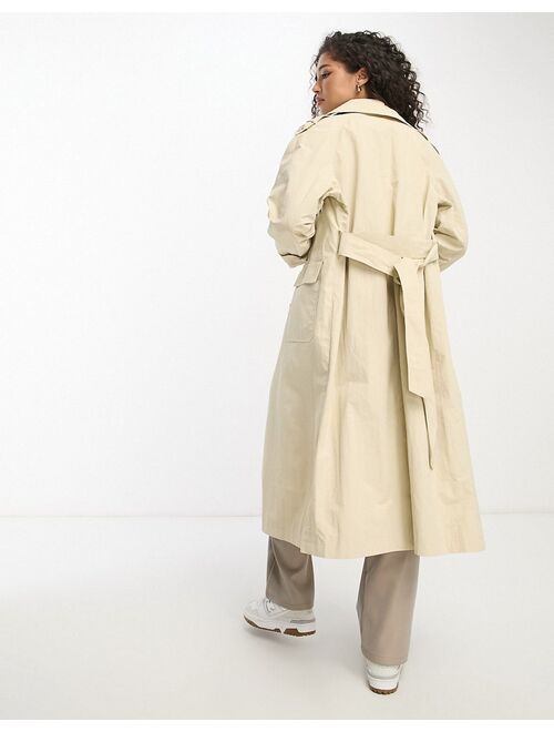 ASOS DESIGN cargo pocket trench coat in stone