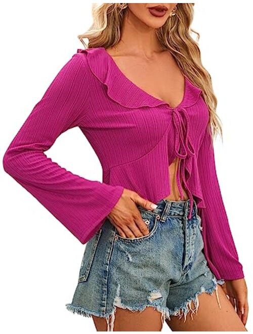 KOJOOIN Women's Bell Sleeve Tops Tie Front Deep V Neck Knit Y2K Crop Top