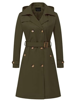 CREATMO US Women's Long Trench Coat Double-Breasted Classic Lapel Overcoat Belted Slim Outerwear Coat with Detachable Hood