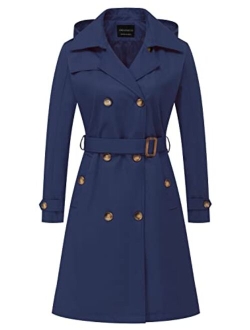 CREATMO US Women's Long Trench Coat Double-Breasted Classic Lapel Overcoat Belted Slim Outerwear Coat with Detachable Hood