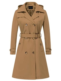 CREATMO US Women's Long Trench Coat Double-Breasted Classic Lapel Overcoat Belted Slim Outerwear Coat with Detachable Hood