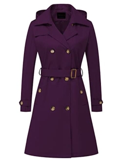 CREATMO US Women's Long Trench Coat Double-Breasted Classic Lapel Overcoat Belted Slim Outerwear Coat with Detachable Hood