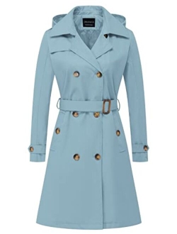 CREATMO US Women's Long Trench Coat Double-Breasted Classic Lapel Overcoat Belted Slim Outerwear Coat with Detachable Hood