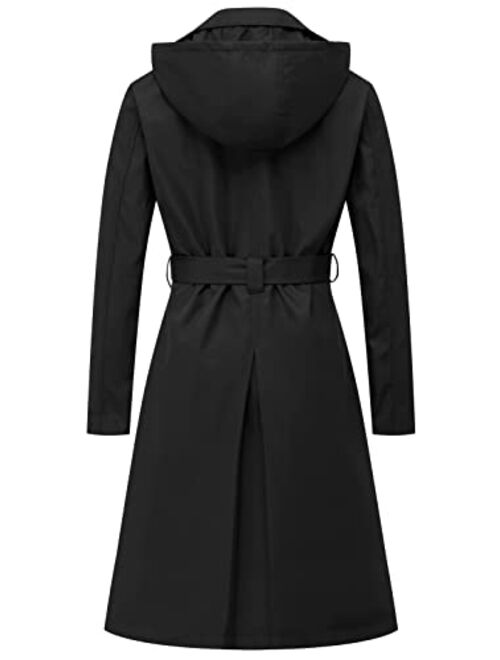 CREATMO US Women's Long Trench Coat Double-Breasted Classic Lapel Overcoat Belted Slim Outerwear Coat with Detachable Hood