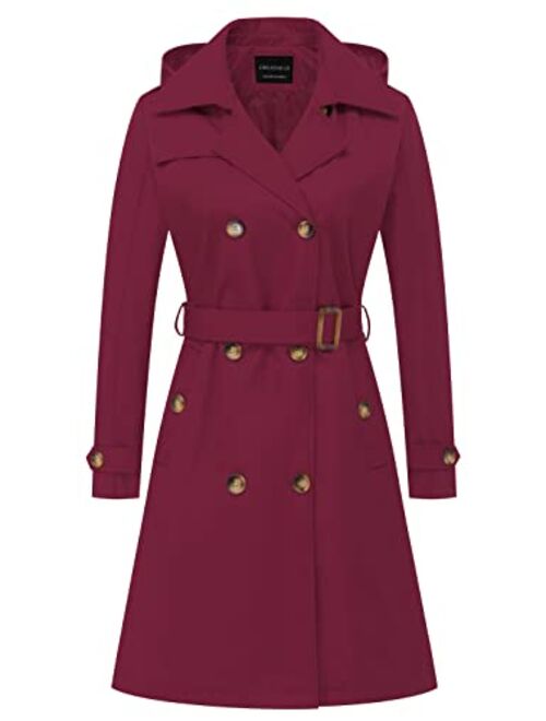 CREATMO US Women's Long Trench Coat Double-Breasted Classic Lapel Overcoat Belted Slim Outerwear Coat with Detachable Hood