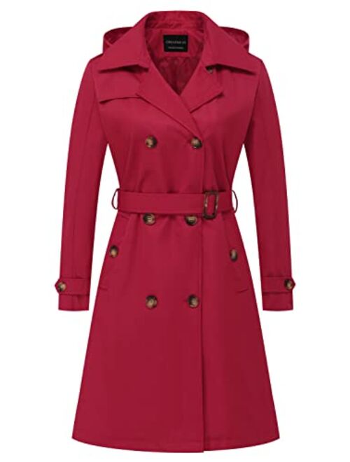 CREATMO US Women's Long Trench Coat Double-Breasted Classic Lapel Overcoat Belted Slim Outerwear Coat with Detachable Hood