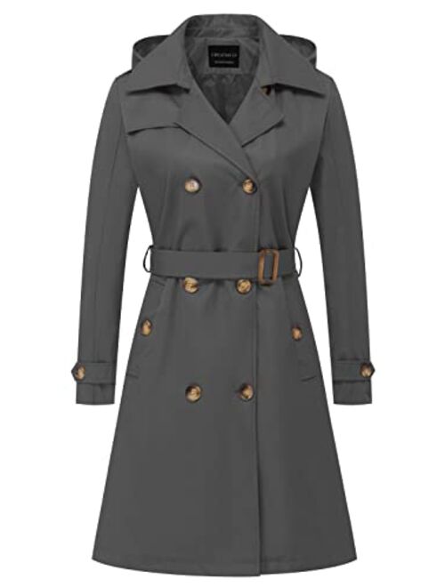 CREATMO US Women's Long Trench Coat Double-Breasted Classic Lapel Overcoat Belted Slim Outerwear Coat with Detachable Hood