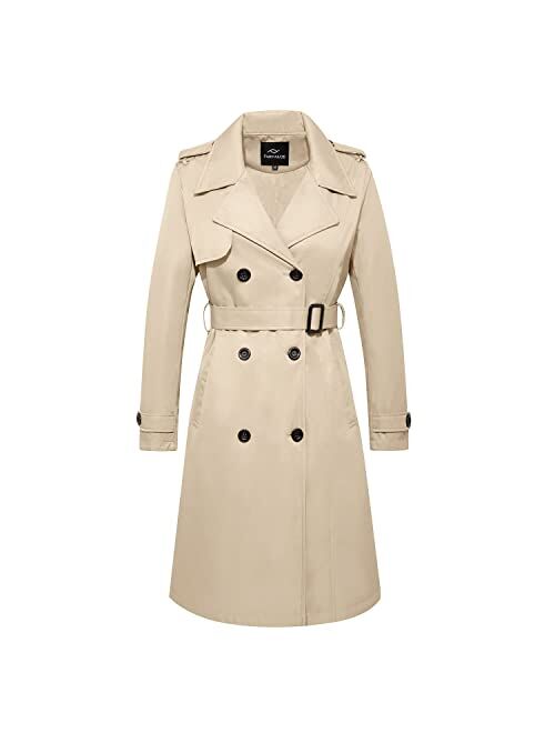 FARVALUE Women's Long Trenchcoat Double Breasted Trench Coat Water Resistant Classic Peacoat with Belt