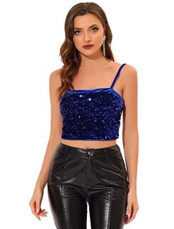 Sequined Cami Top for Women's Velvet Spaghetti Strap Club Party Crop Tank Tops