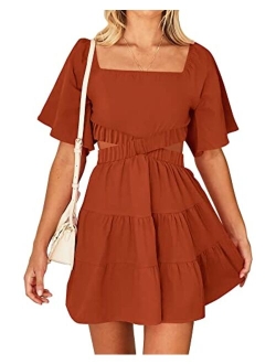 BTFBM Women Summer Dresses 2023 Square Neck Short Sleeve Cutout Crossover Waist Casual Party Tiered A-Line Mini Dress