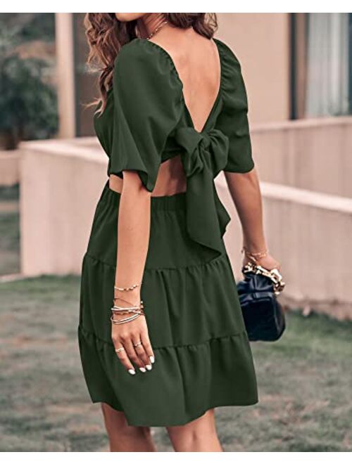 BTFBM Women Summer Dresses 2023 Square Neck Short Sleeve Cutout Crossover Waist Casual Party Tiered A-Line Mini Dress