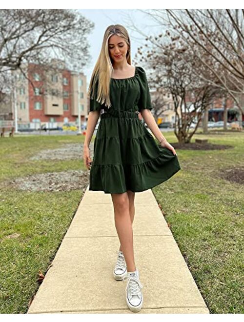 BTFBM Women Summer Dresses 2023 Square Neck Short Sleeve Cutout Crossover Waist Casual Party Tiered A-Line Mini Dress