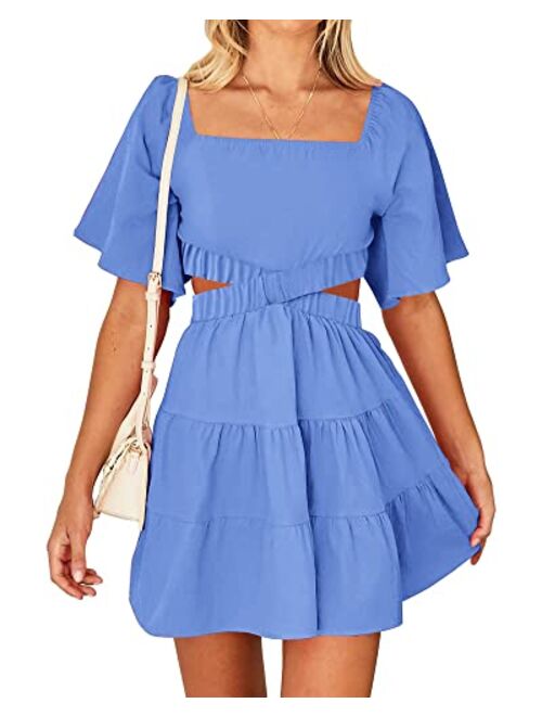 BTFBM Women Summer Dresses 2023 Square Neck Short Sleeve Cutout Crossover Waist Casual Party Tiered A-Line Mini Dress