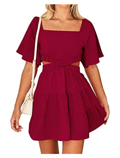 BTFBM Women Summer Dresses 2023 Square Neck Short Sleeve Cutout Crossover Waist Casual Party Tiered A-Line Mini Dress