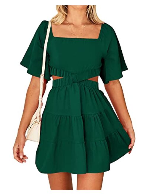 BTFBM Women Summer Dresses 2023 Square Neck Short Sleeve Cutout Crossover Waist Casual Party Tiered A-Line Mini Dress