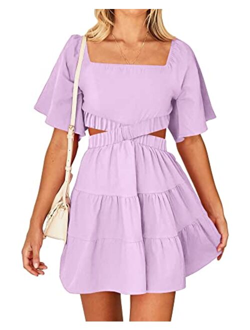 BTFBM Women Summer Dresses 2023 Square Neck Short Sleeve Cutout Crossover Waist Casual Party Tiered A-Line Mini Dress