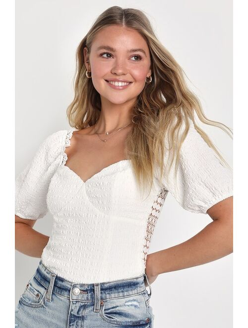 Lulus Dainty Sweetie Ivory Lace Sheer Back Puff Sleeve Top