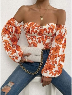 SXY Off Shoulder Floral Print Lantern Sleeve Crop Top