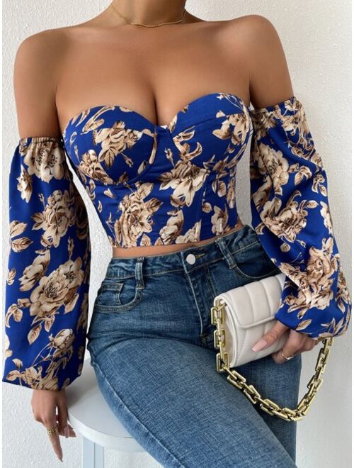 SHEIN SXY Off Shoulder Floral Print Lantern Sleeve Crop Top