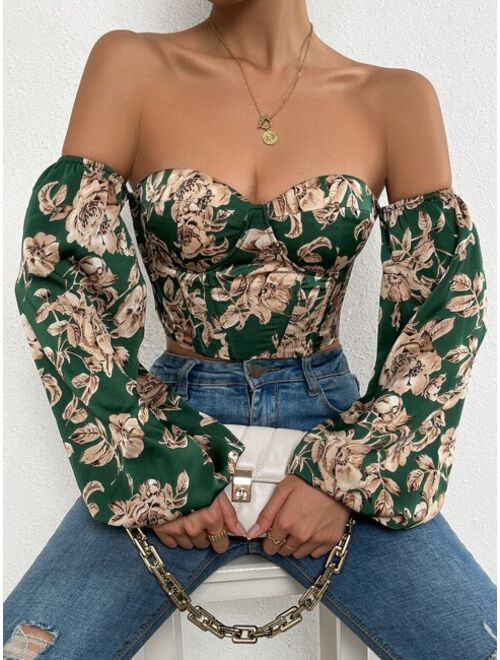 SHEIN SXY Off Shoulder Floral Print Lantern Sleeve Crop Top