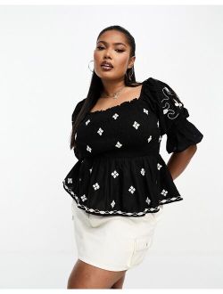 Plus puff sleeve eyelet top in black