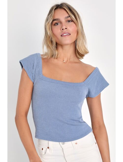 Lulus Impressively Cute Slate Blue Ribbed Knit Short Sleeve Top