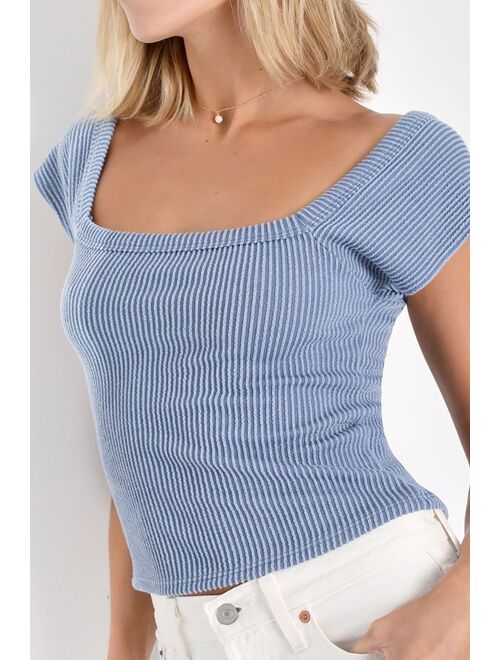 Lulus Impressively Cute Slate Blue Ribbed Knit Short Sleeve Top