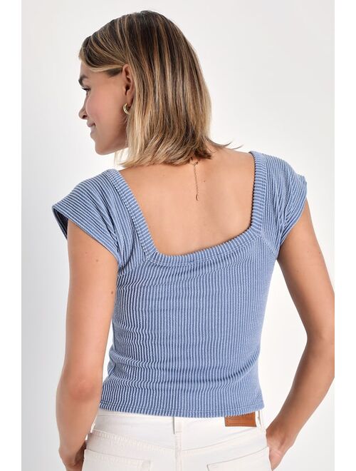 Lulus Impressively Cute Slate Blue Ribbed Knit Short Sleeve Top