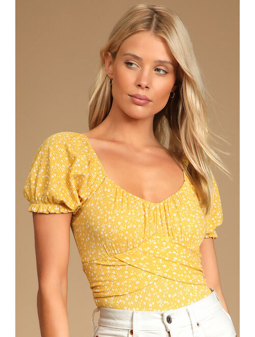 Lulus Come Into Bloom Mustard Yellow Floral Print Tie-Back Bodysuit