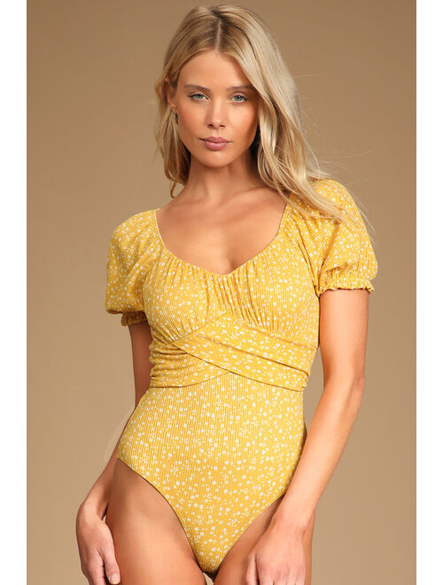 Lulus Come Into Bloom Mustard Yellow Floral Print Tie-Back Bodysuit
