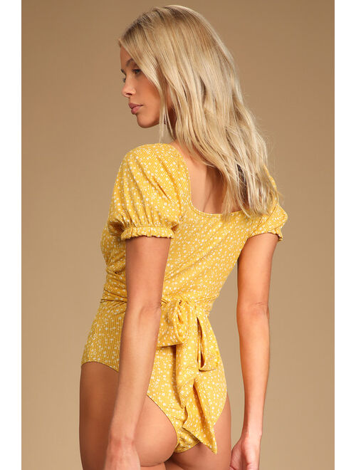 Lulus Come Into Bloom Mustard Yellow Floral Print Tie-Back Bodysuit