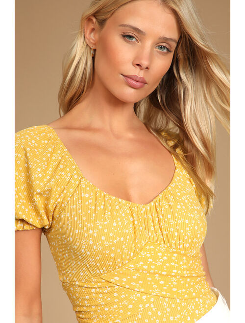 Lulus Come Into Bloom Mustard Yellow Floral Print Tie-Back Bodysuit