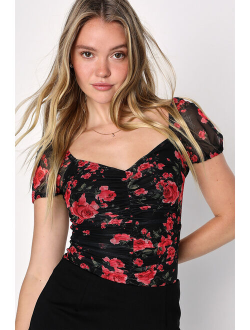 Lulus Irresistible Cutie Black Floral Ruched Puff Sleeve Bodysuit