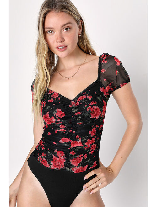 Lulus Irresistible Cutie Black Floral Ruched Puff Sleeve Bodysuit